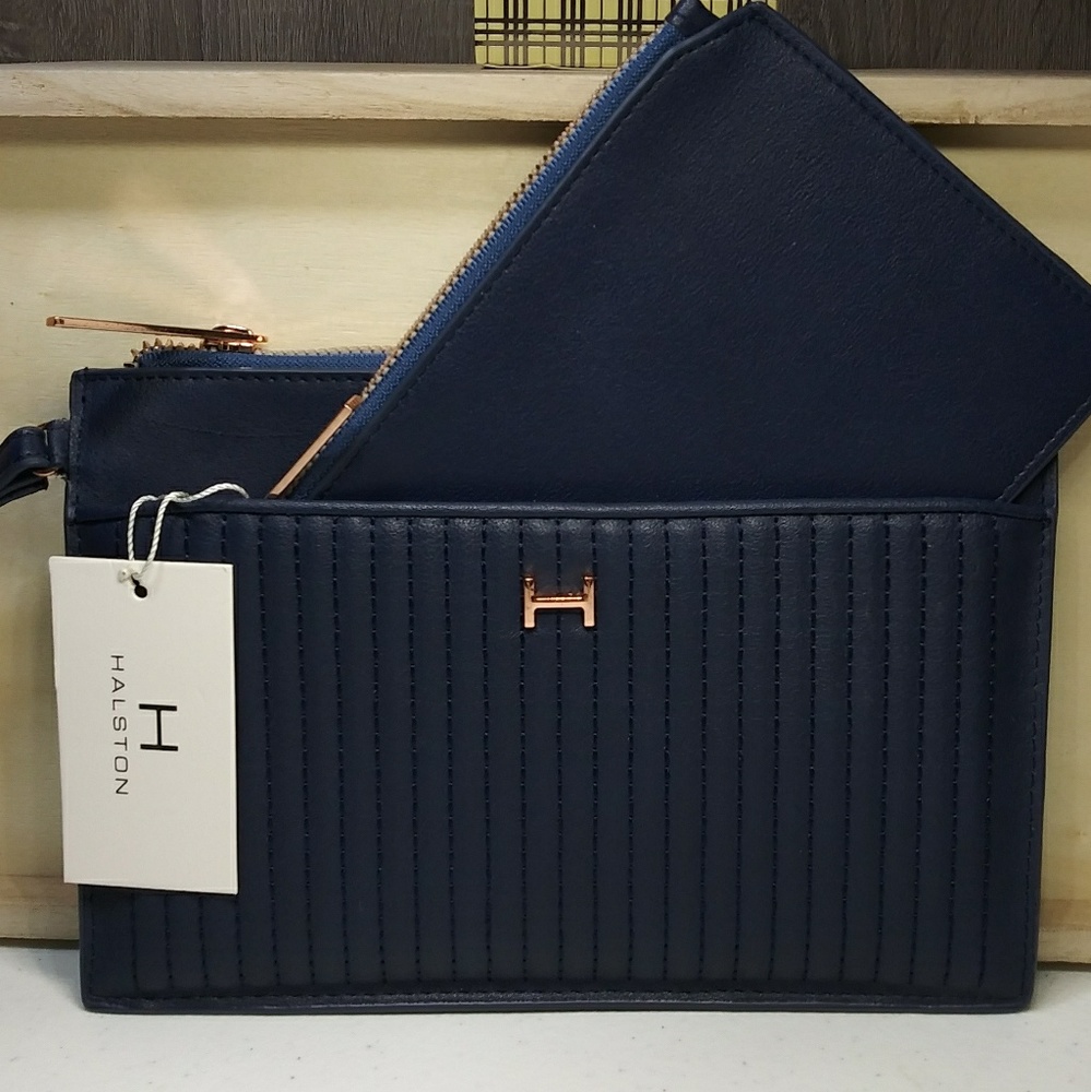 NWT Halston Quilted Kangaroo Pouches Navy Wristlet
